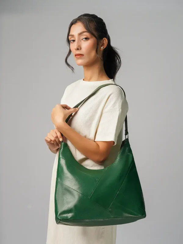 Woman-Posing-With-Luxury-Sienna-Shoulder-Bag-For-Women-Green-Side-View