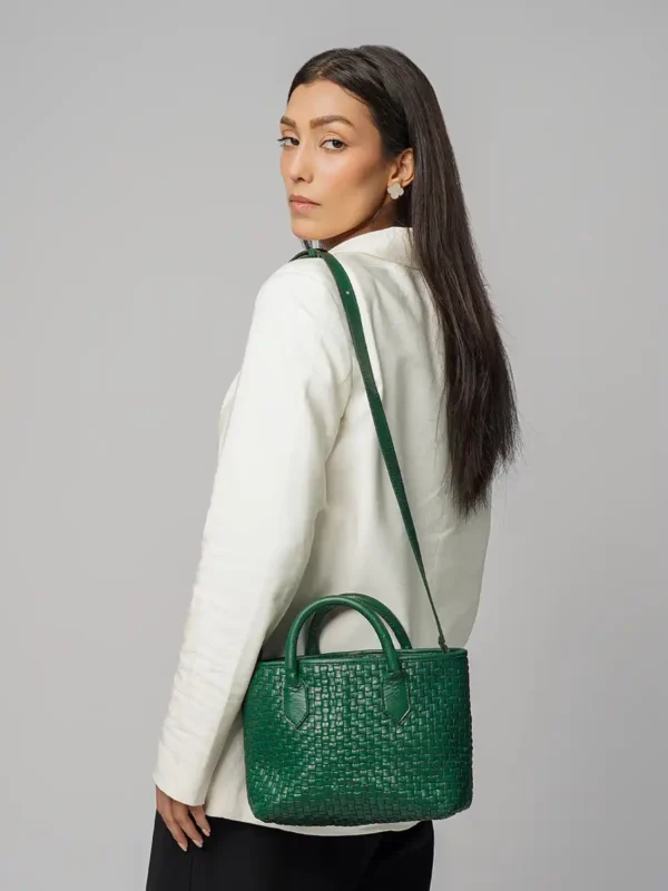 Fashion-Model-Holding-Serene-Woven-Green-Handbag-Cahlah-Australia