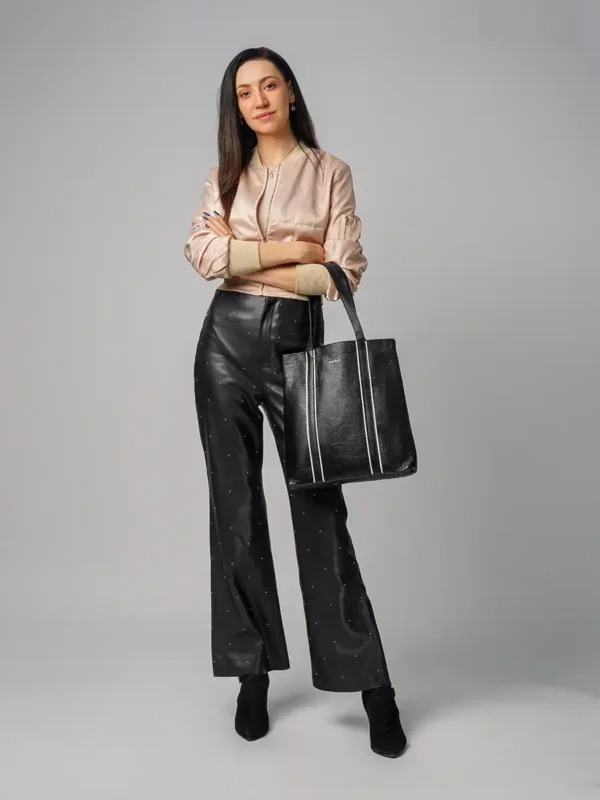 Woman-Holding-Luxe-Large-Tote-Bag-Black-Cahlah-Australia
