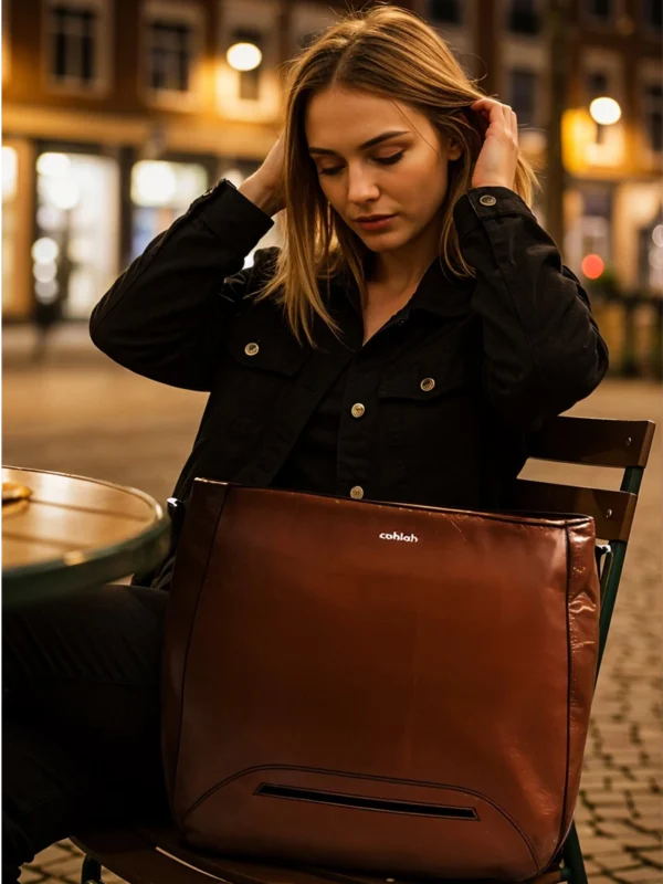 Girl-Sitting-Outdoor-Carrying-Solis-Tote-Bag-Brown-Cahlah-au