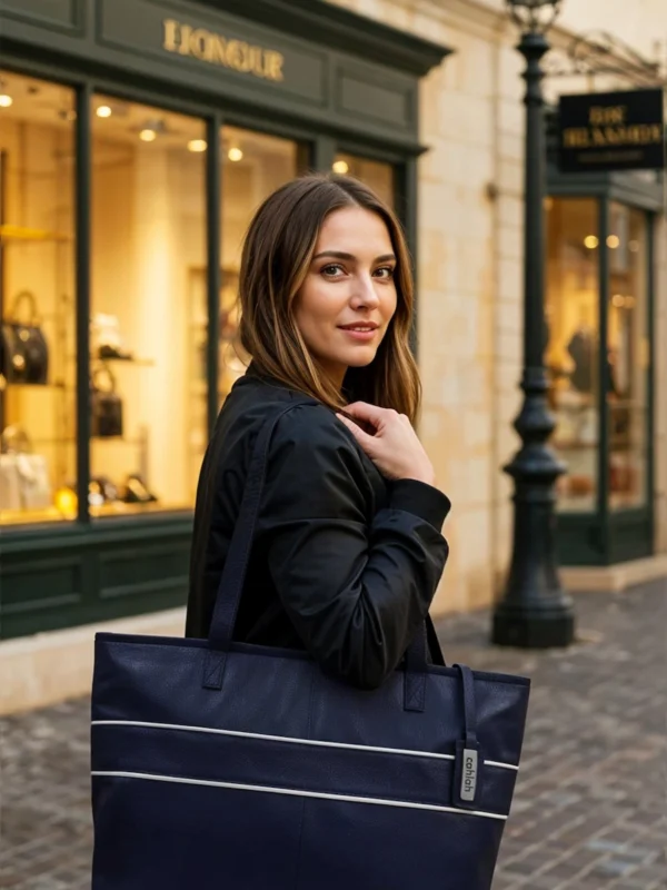 Girl-Travelling-to-Work-with-Aria-Carry-Tote-Bag-Navy-Leather