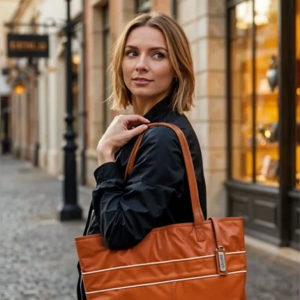 Girl-Travelling-with-Aria-Carry-Tote-Bag-Brown-Leather
