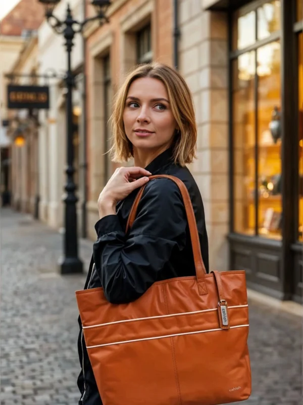 Girl-Travelling-with-Aria-Carry-Tote-Bag-Brown-Leather