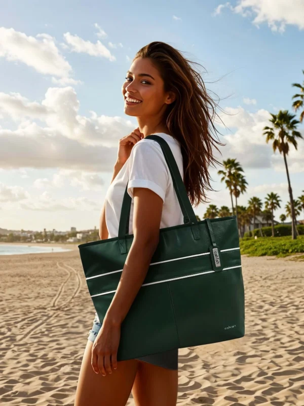 Girl-Visting-Beach-Aria-Carry-Tote-Bag-Green-Leather