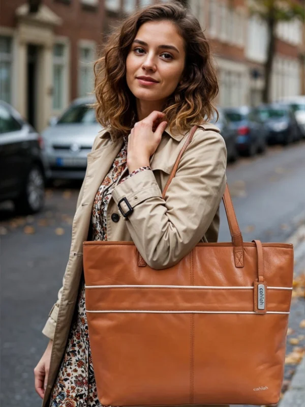 Lady-Posing-with-Aria-Carry-Tote-Bag-Brown-Leather