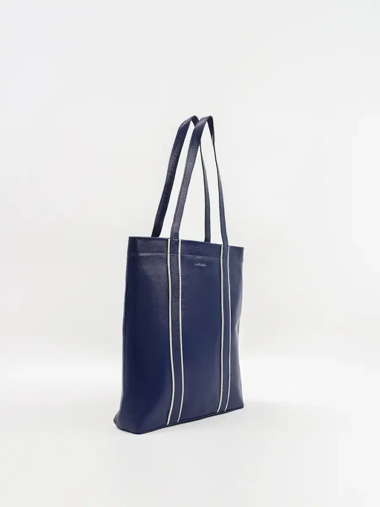 Luxe-Work-Tote-Bag-Navy-Leather-Side-View-Cahlah-Australia