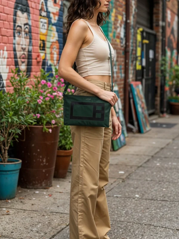 Outdoor-Photoshoot-Of-Model-Carrying--Bloc-Crossbody-Bag-Green