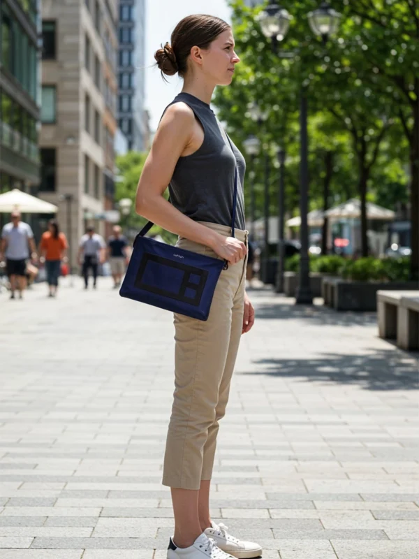 Urban-Photoshoot-Girl-travelling-Bloc-Leather-Crossbody-Bag-Navy-Cahlah
