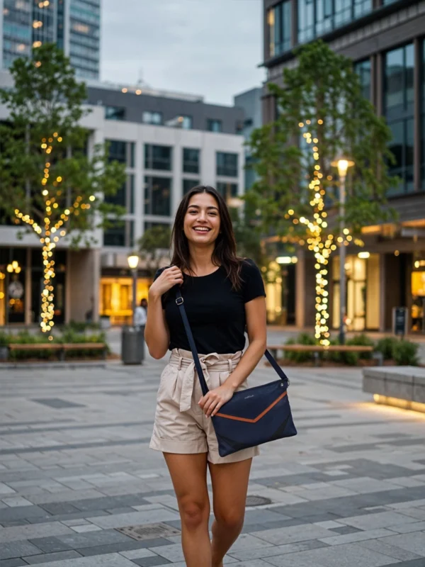 Woman-Outdoor-Cafe-Carrying-Vero-Vista-Crossbody-Bag-Navy-Cahlah-Au