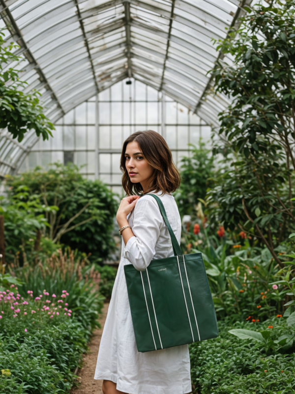 Woman-Outdoor-Photo-Luxe-Leather-Tote-Bag-in-Green-Cahlah