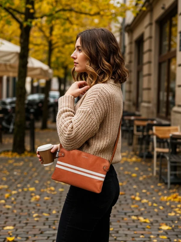 Woman-Outdoor-Autumn-Wearing-Desinder-Urban-Line-Crossbody-Bag-Espresso