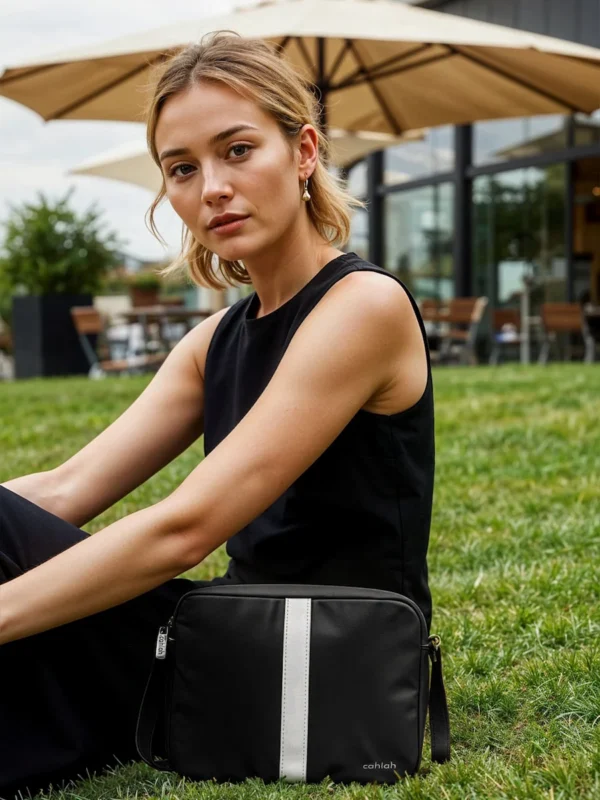 Woman-Outdoors-with- Black-Leather-Urbansnap-camera-bag-Black-Cahlah