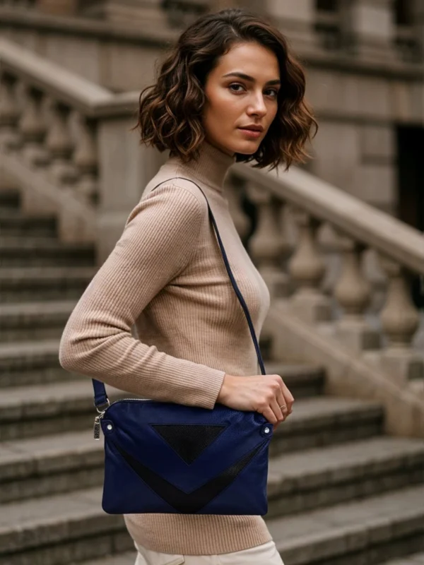 Woman-Photoshoot-Outdoors-Holding-Metro-Chic-Crossbody-Bag-Navy-Cahlah-au