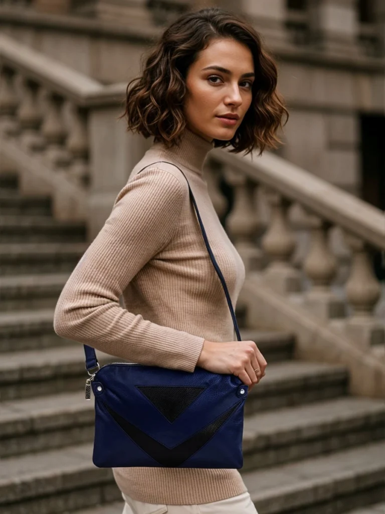 Woman-Photoshoot-Outdoors-Holding-Metro-Chic-Crossbody-Bag-Navy-Cahlah-au