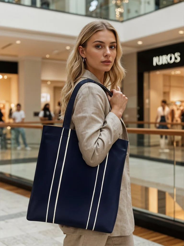 Woman-Shopping-at-Mall-Carrying-Luxe-Tote-Bag-Navy-Cahlah-au