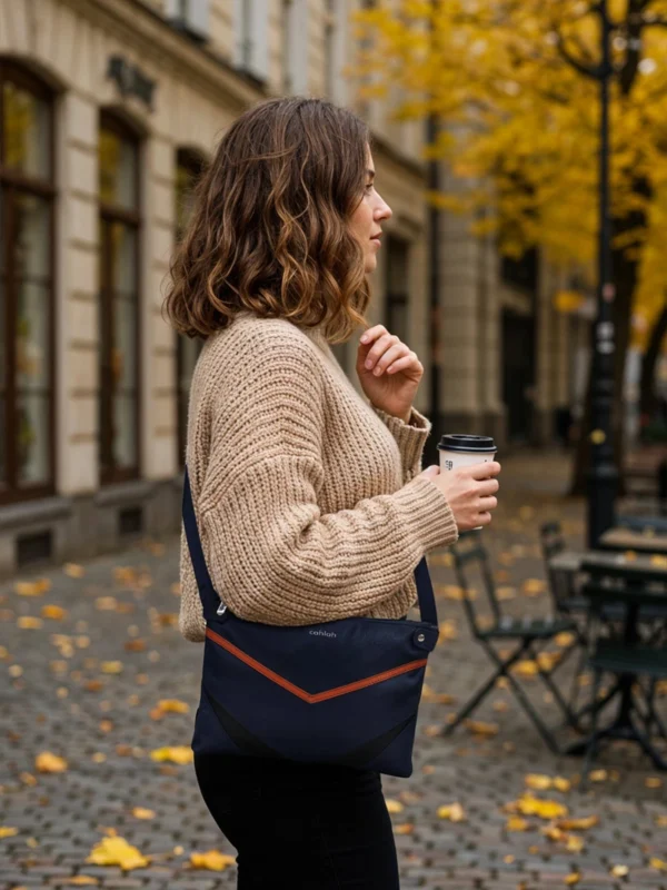 Woman-Travelling-in-City-Carrying-Navy-Vero-Vista-Crossbody-Bag-Cahlah-Au
