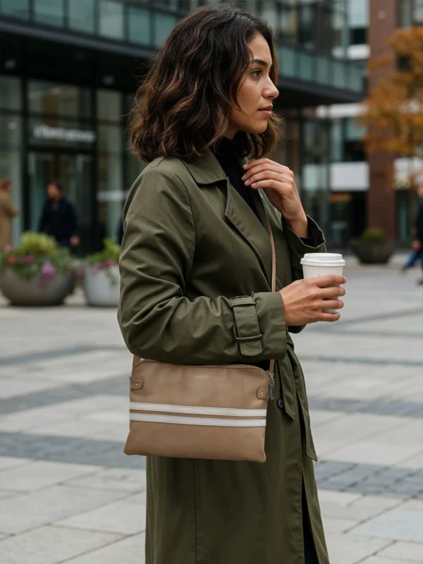 Woman-Urban-Photoshoot-Carrying-Beige-Urban-Line-Crossbody-Bag