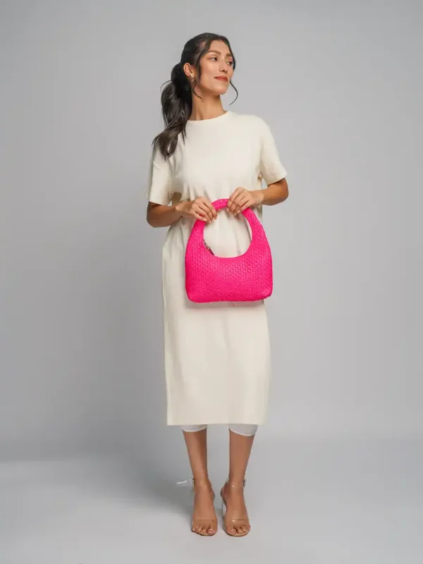 Women-Holding-Nova-Woven-Handbag-Navy-Women-Front-Pose-Cahlah-Australia