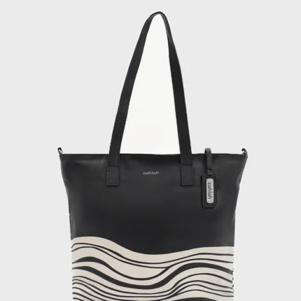 Womens-Black-Leather-Bondi-Waves-Tote-Bag-Font-View