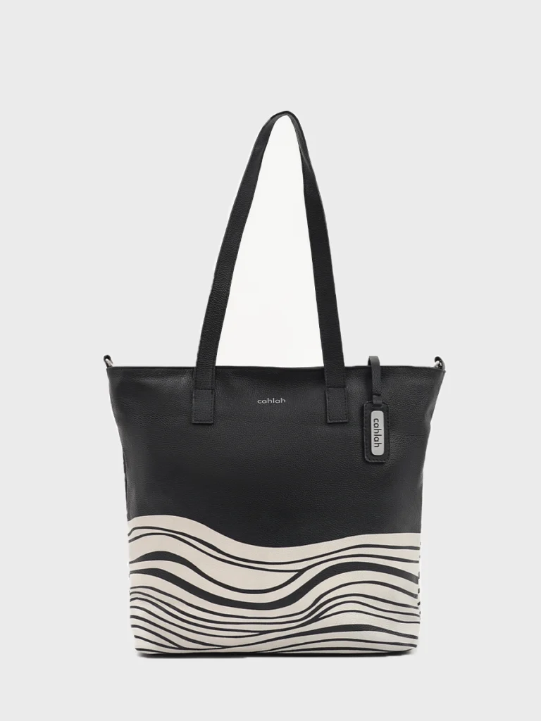 Womens-Black-Leather-Bondi-Waves-Tote-Bag-Font-View